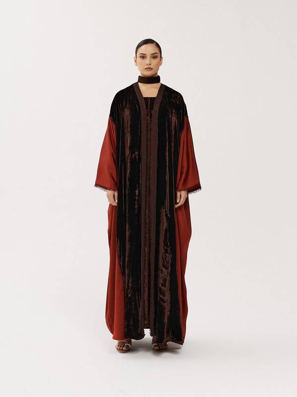 Brown Velvet Abaya With Red Silk Edges Embroidered With Brown Piping