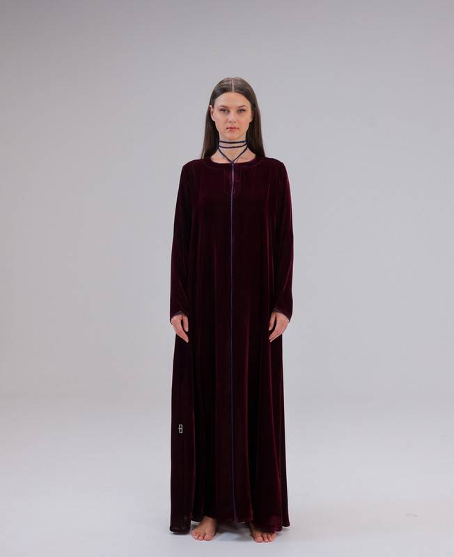 Burgundy Velvet A-Line Jalabiya With Neck Strings
