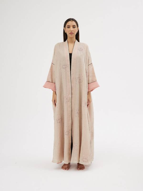 Beige Linen Abaya, Hand-Embroidered, Free Size Cut