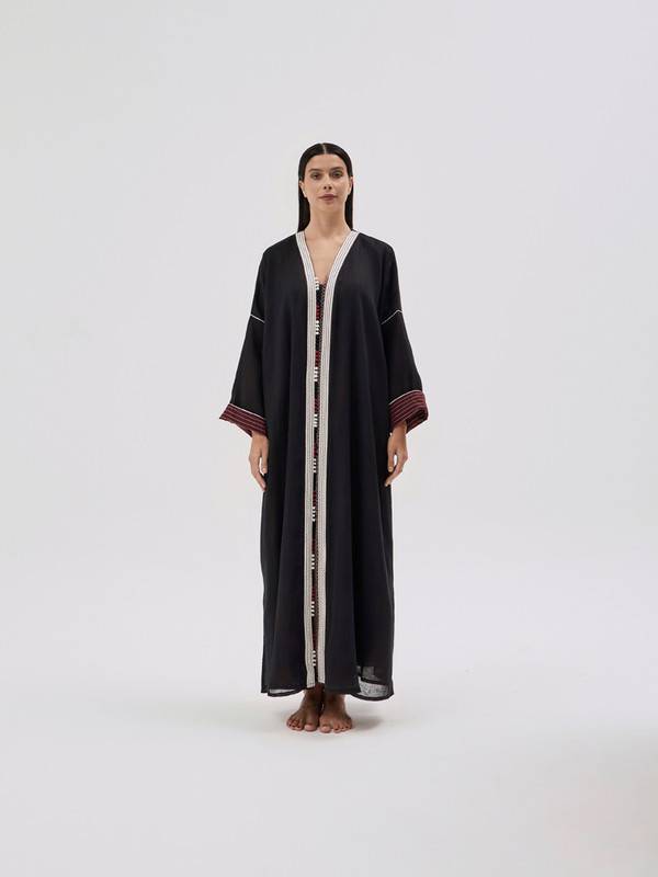 Black Burlap Linen Abaya Lined In Black With Handmade Braid Embroidery, Free-Size Cut.