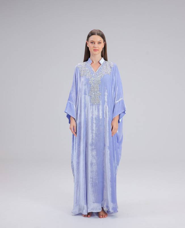 Velvet Jalabiya With Silver Naqda Embroidery, Free Size Cut.