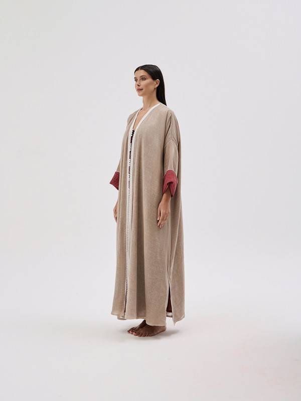 Beige Burlap Linen Abaya Embroidered With Handmade Qaitan In A Free Size Cut.