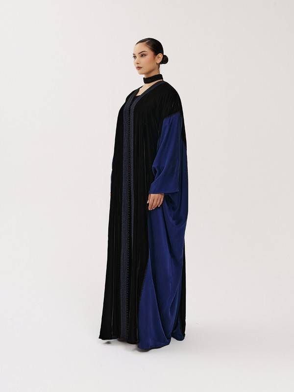 Black Velvet Abaya With Braid Embroidery And Navy Silk Edges