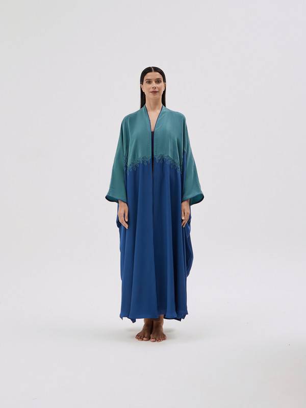 Navy Blue Crepe Abaya With Green Washed Silk, Embroidered With Al-Qatt Al-Asiri, Free Size Cut.