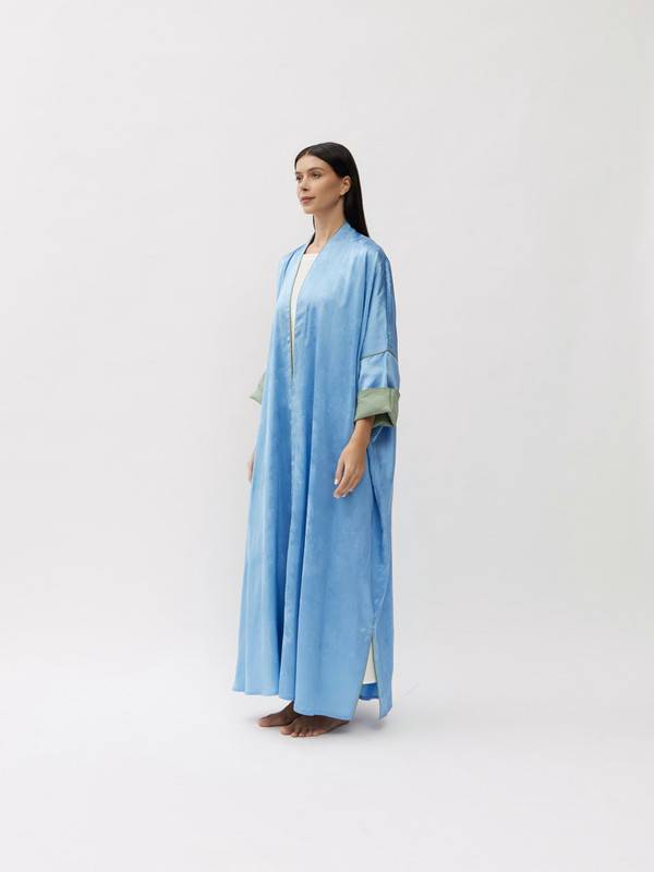 Printed Silk Crepe Abaya In Sky Blue, Free Size Cut.