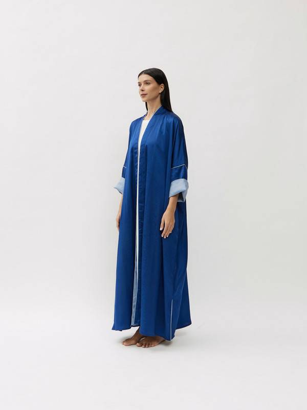 Printed Silk Crepe Abaya In Blue, Free Size Cut.