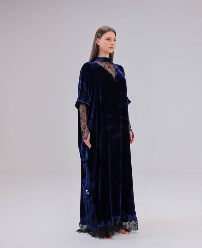Navy Blue Velvet Jalabiya With Black Lace