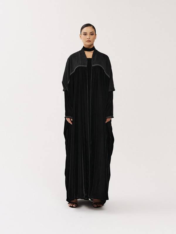 Black Velvet Abaya With Black Washed Silk Embroidered With Zari And Inner Sleeves
