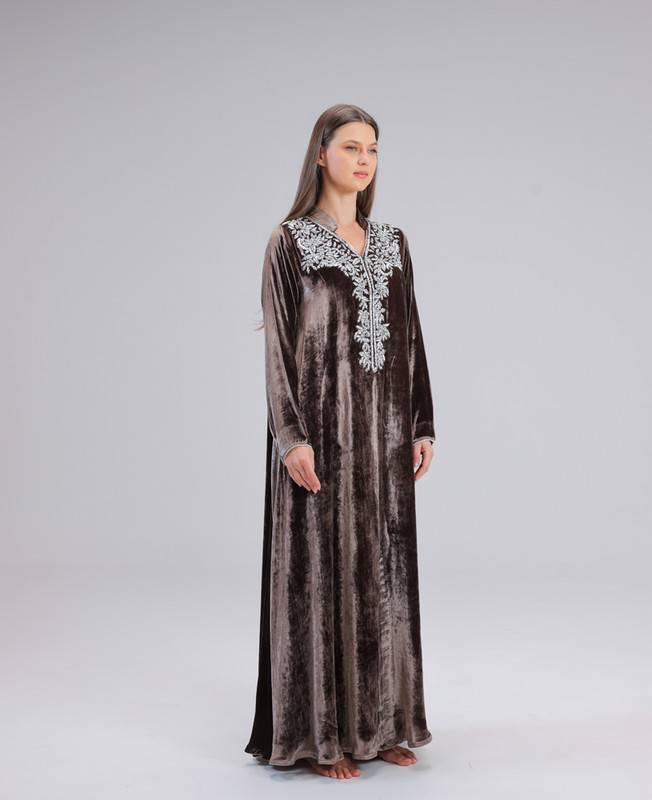 Velvet Jalabiya With Silver Naqda Embroidery, Free Size Cut.