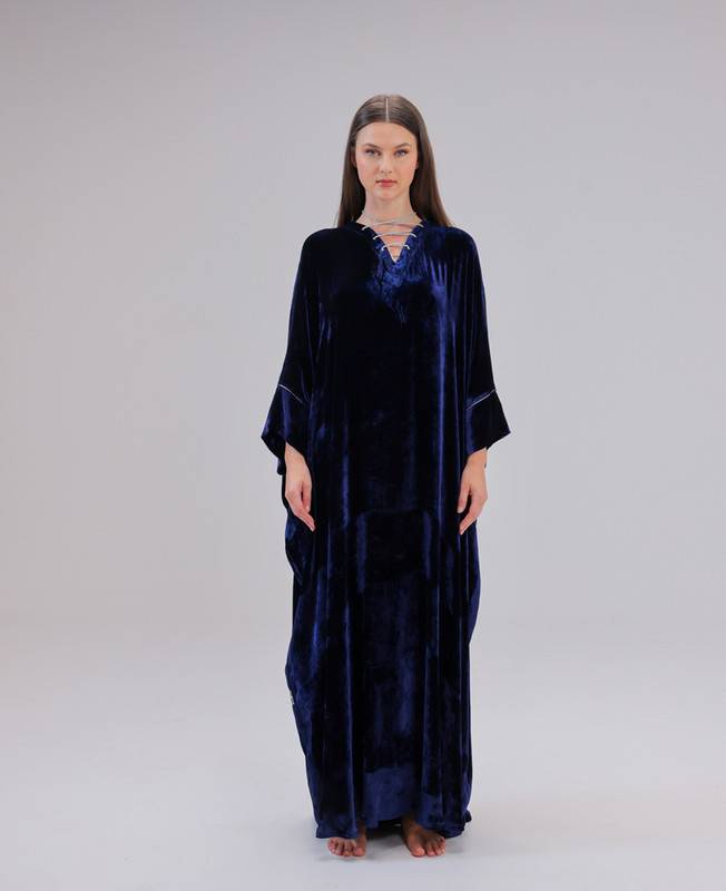 Navy Blue Velvet Jalabiya With A Wide Cut And Crystal Strings