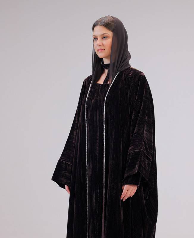 Brown Abaya Embroidered With Silver Zari, Bisht Cut