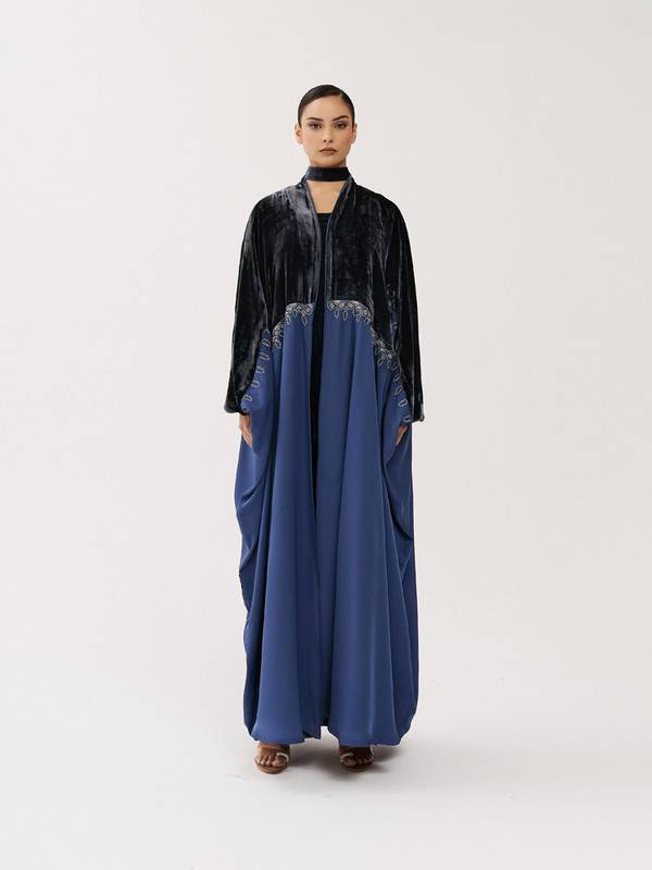 Navy Blue Velvet And Silk Abaya Hand-Embroidered With Al-Qatt Al-Asiri And Zari.