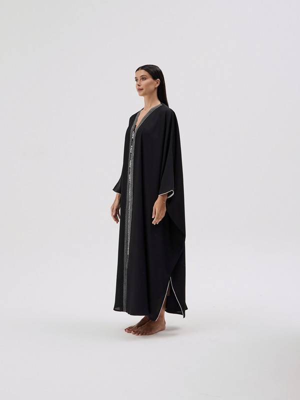 Black Crepe Abaya Embroidered With Manual Piping, Bisht Cut, Free Size.