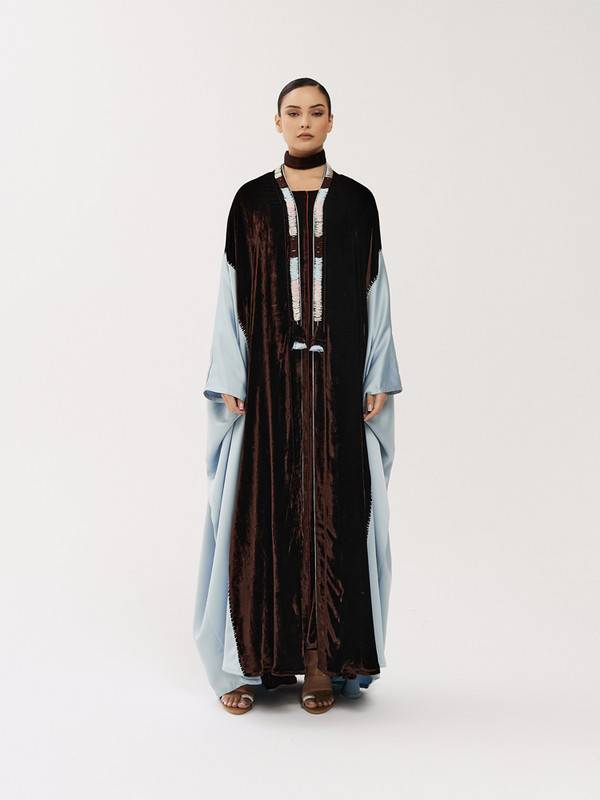 Brown Velvet Abaya With Sky Blue Silk + Hand Embroidery