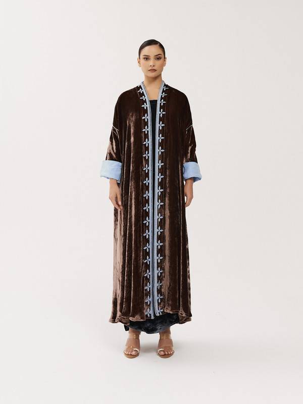 Mocha Velvet Abaya With Light Blue Hand Embroidery