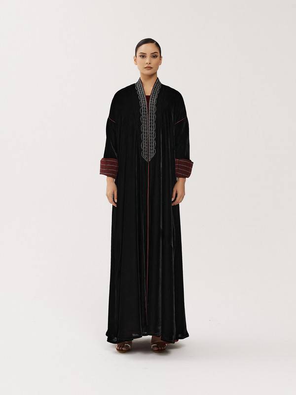 Black Velvet Abaya Embroidered With Burgundy Piping, Free Size Cut.