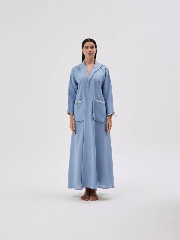 Sky Blue Linen Abaya With Pockets In An A-Line Cut