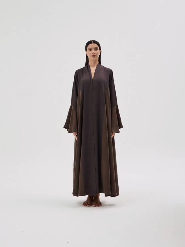 Brown Crepe Abaya With Brown Washed Silk, Bell Sleeves, A-Line Cut