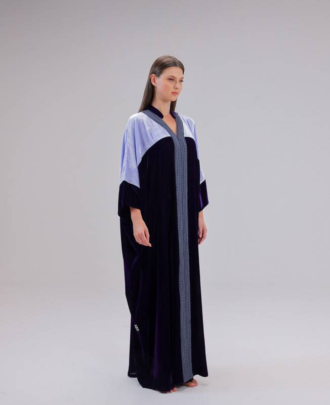 Dark And Light Purple Velvet Jalabiya With A Wide Cut And Hand Embroidery.