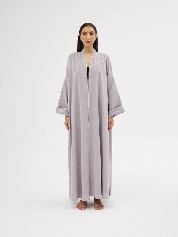 Light Grey Crepe Abaya With Star Print, Free Size Cut.