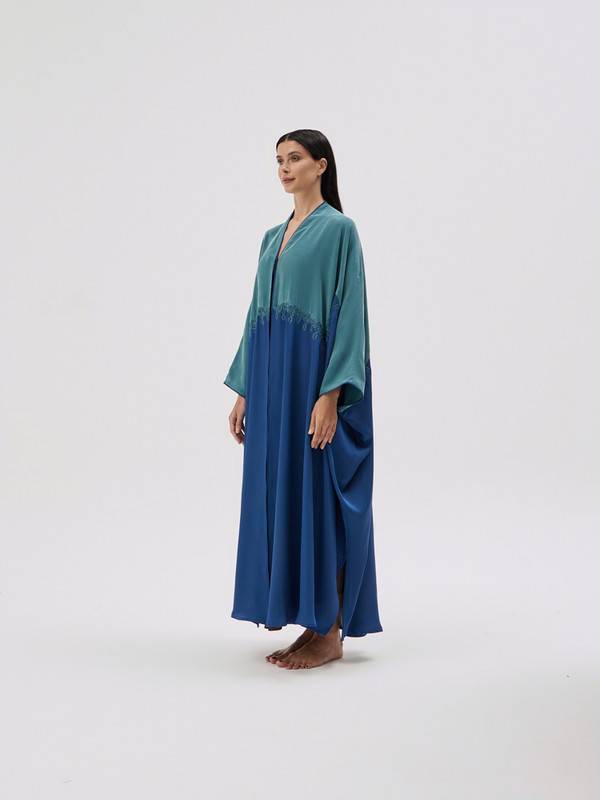 Navy Blue Crepe Abaya With Green Washed Silk, Embroidered With Al-Qatt Al-Asiri, Free Size Cut.