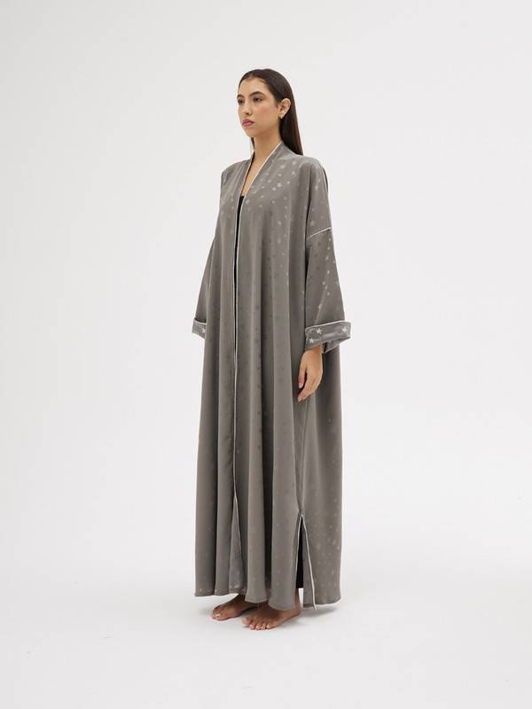 Dark Grey Crepe Abaya With Star Print, Free Size Cut.