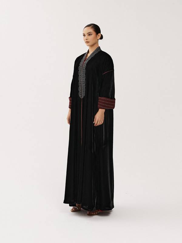 Black Velvet Abaya Embroidered With Burgundy Piping, Free Size Cut.
