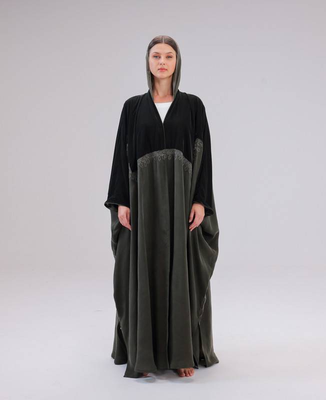Black Velvet Abaya With Black Silk And Al-Qatt Al-Asiri Embroidery