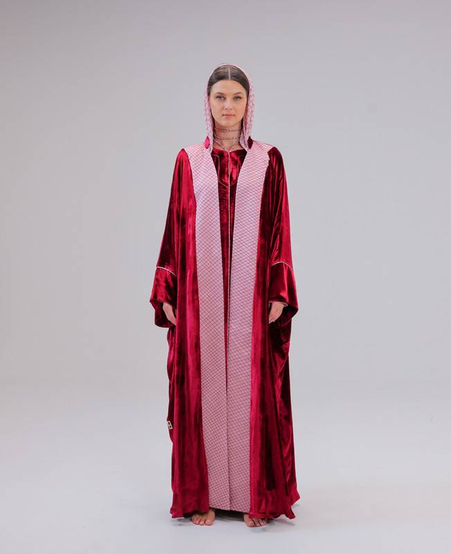 Red Bisht Abaya With Pink Details