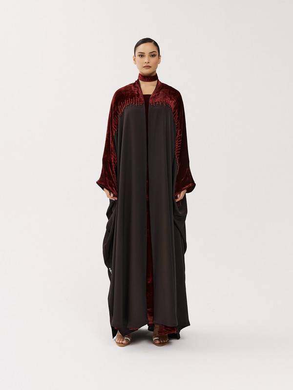 Brown Crepe Abaya With Burgundy Velvet And Hand Embroidery, Bisht Cut.