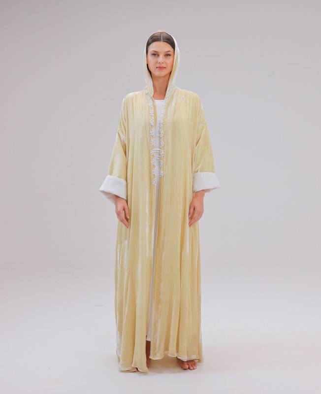 Light Yellow Velvet Abaya With White Flowers Hand Embroidery