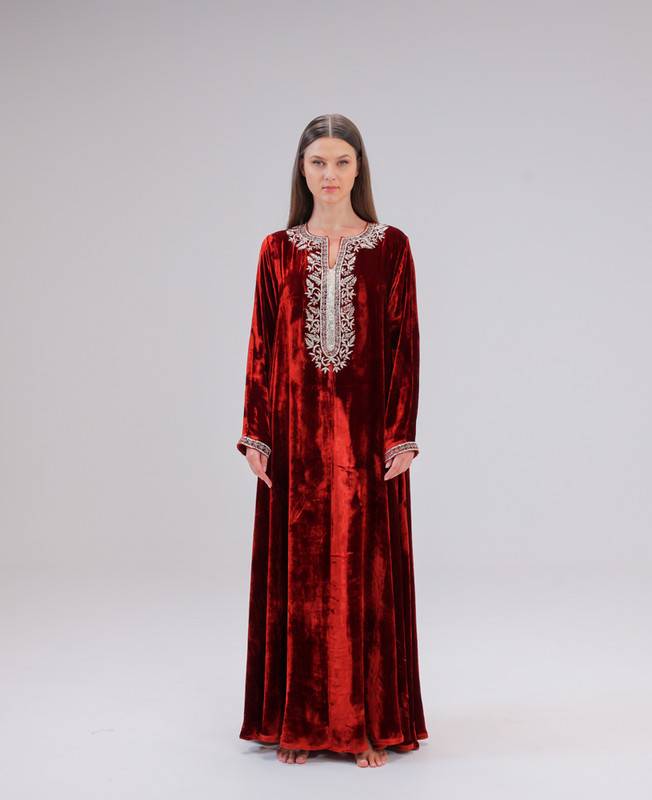 Brick Velvet Jalabiya With Gold Naqda Embroidery