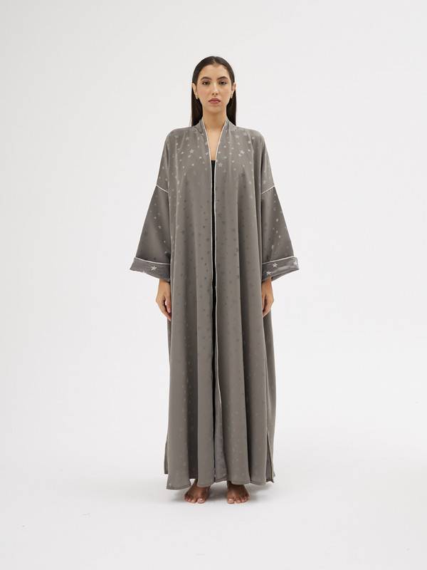 Dark Grey Crepe Abaya With Star Print, Free Size Cut.
