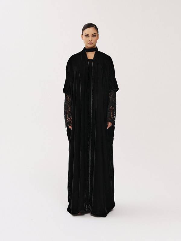 Dark Blue Velvet Abaya With Black Lace Globes