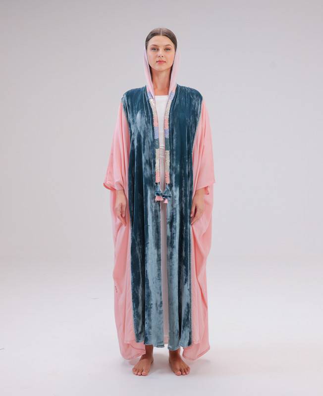 Turquoise Velvet Abaya With Apricot Silk And Hand Embroidery
