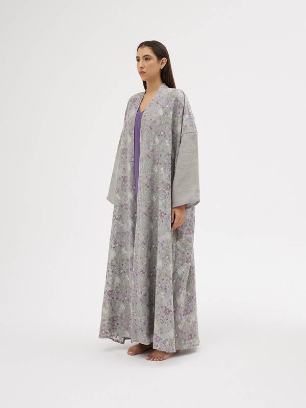 Fully Embroidered Gray Linen Abaya