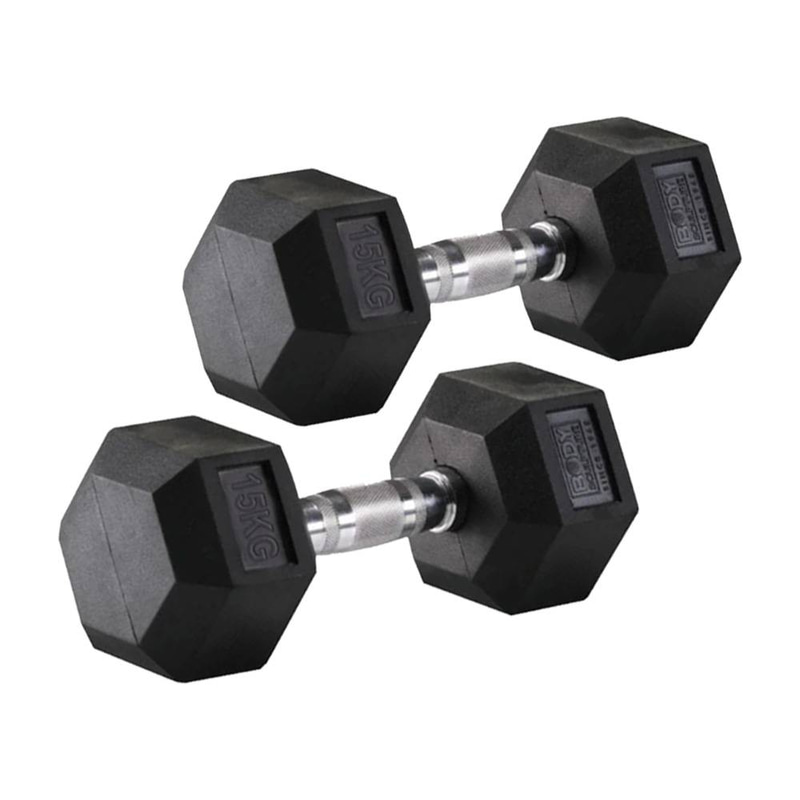 Pair of 15kg Hex Rubber Dumbbells