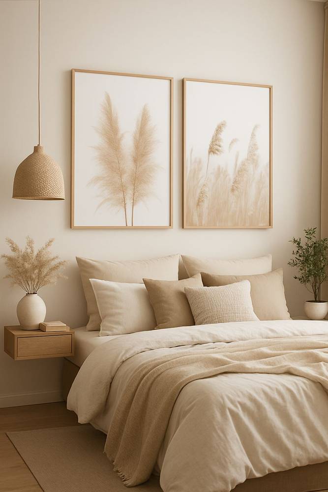 طقم لوحات فن بوهيمي مزدوج بتصميم أعشاب Pampas بلون بيج هادئ