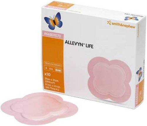 ضماد لاصق مادة رغوية مائية ماصه مع طبقة سيليكون هلاميه لمنطقة العجز 21.6X23cm- Smith&nephew Allevyn Life Silcone gel adhesive composite hydrceoellular Foum 21X21cm