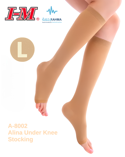 جورب الينا ضغط دوالي مفتوح تحت الركبة -Alina Medical Compression Stocking Knee High 15-20mmHg Large-Open Toe A8002