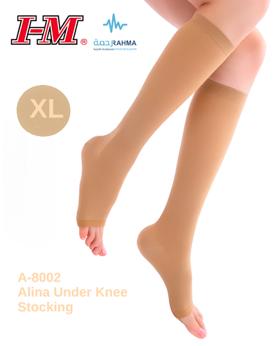 جورب الينا ضغط دوالي مفتوح تحت الركبة-Alina Medical Compression Stocking Knee High -A-8002-20-30mmHg-XLarge-Open Toe