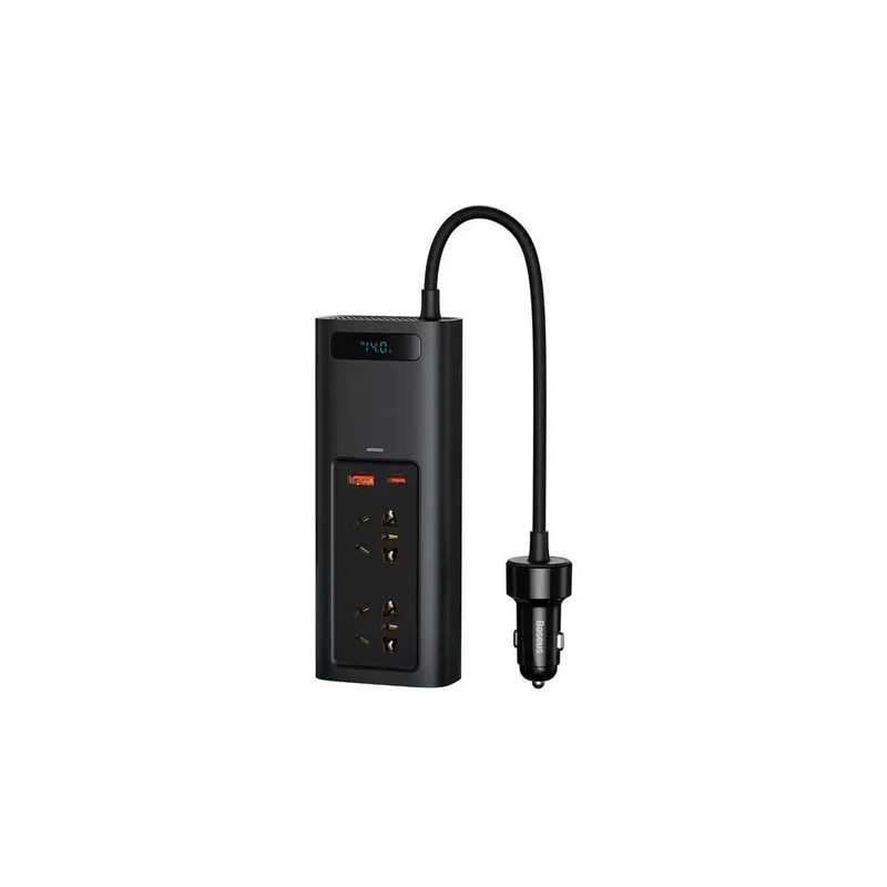 توصيلة سيارة بيسوس بقوة 150 واط و220 فولت بمنفذ تايب سي ومنفذ USB ومنفذين طاقة - اسود