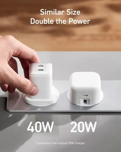 شاحن جداري انكر نانو برو بقوة 40 واط بمنفذين USB-C - ابيض