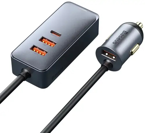 شاحن سيارة سريع متعدد المنافذ PPS مع سلك تمديد 1.5M خرج 120W-رمادي