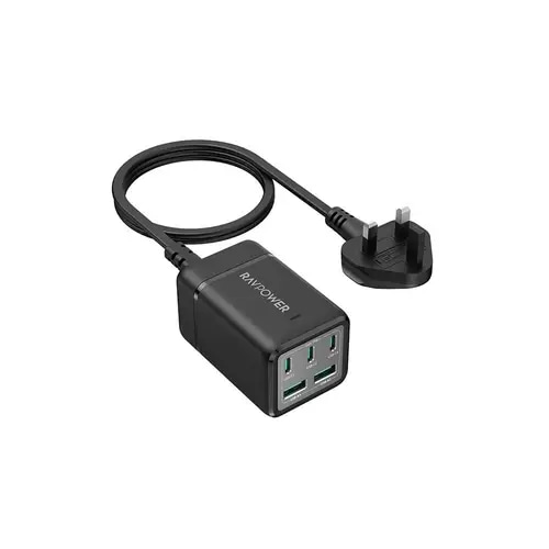منصة شحن راف باور ثلاث منافذ تايب سي ومنفذين USB-A بقوة 75 واط - اسود