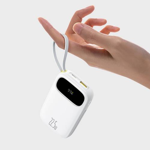 بيسوس - بطارية QPow 3 بسعة 20,000mAh مع كيابل مدمجة USB-C و lightning - ابيض
