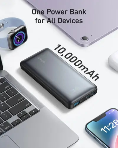 بطارية انكر 533 باوركور بقوة 25 واط بسعة 10000 ملي امبير بمنفذين تايب سي ومنفذ USB-A- اسود