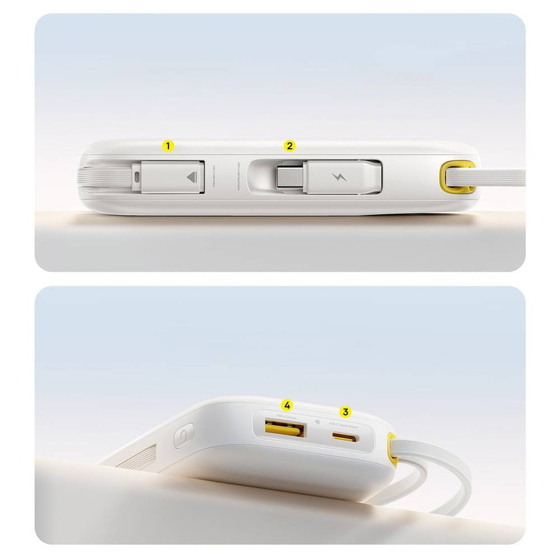 بيسوس - بطارية QPow 3 بسعة 20,000mAh مع كيابل مدمجة USB-C و lightning - ابيض