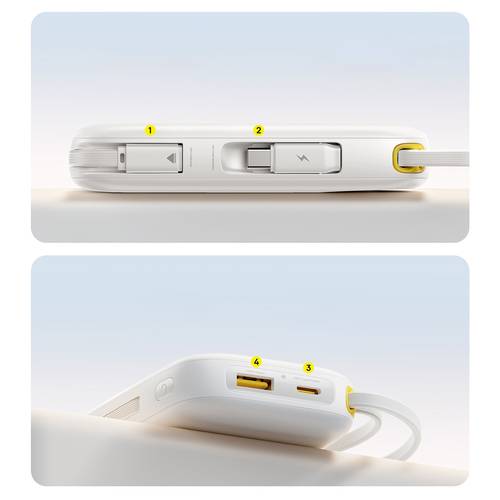 بيسوس - بطارية QPow 3 بسعة 20,000mAh مع كيابل مدمجة USB-C و lightning - ابيض
