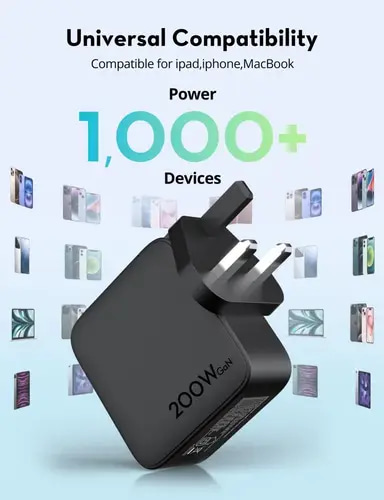 شاحن متعدد للسفر راف باور بقوة 200 واط بمنفذ يو اس بي و ثلاث منافذ تايب سي - اسود